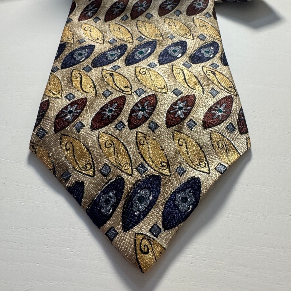 Ferrell Reed for Nordstrom Mens 100% Silk Tie Gold Navy Blue Geometric Leaf USA